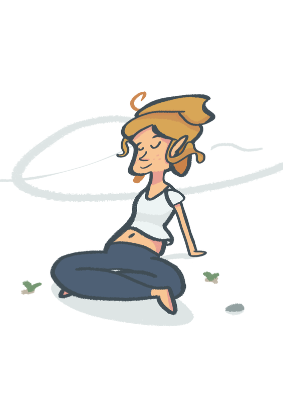 Cartoon drawing of a woman resting on the ground. Aaaaah